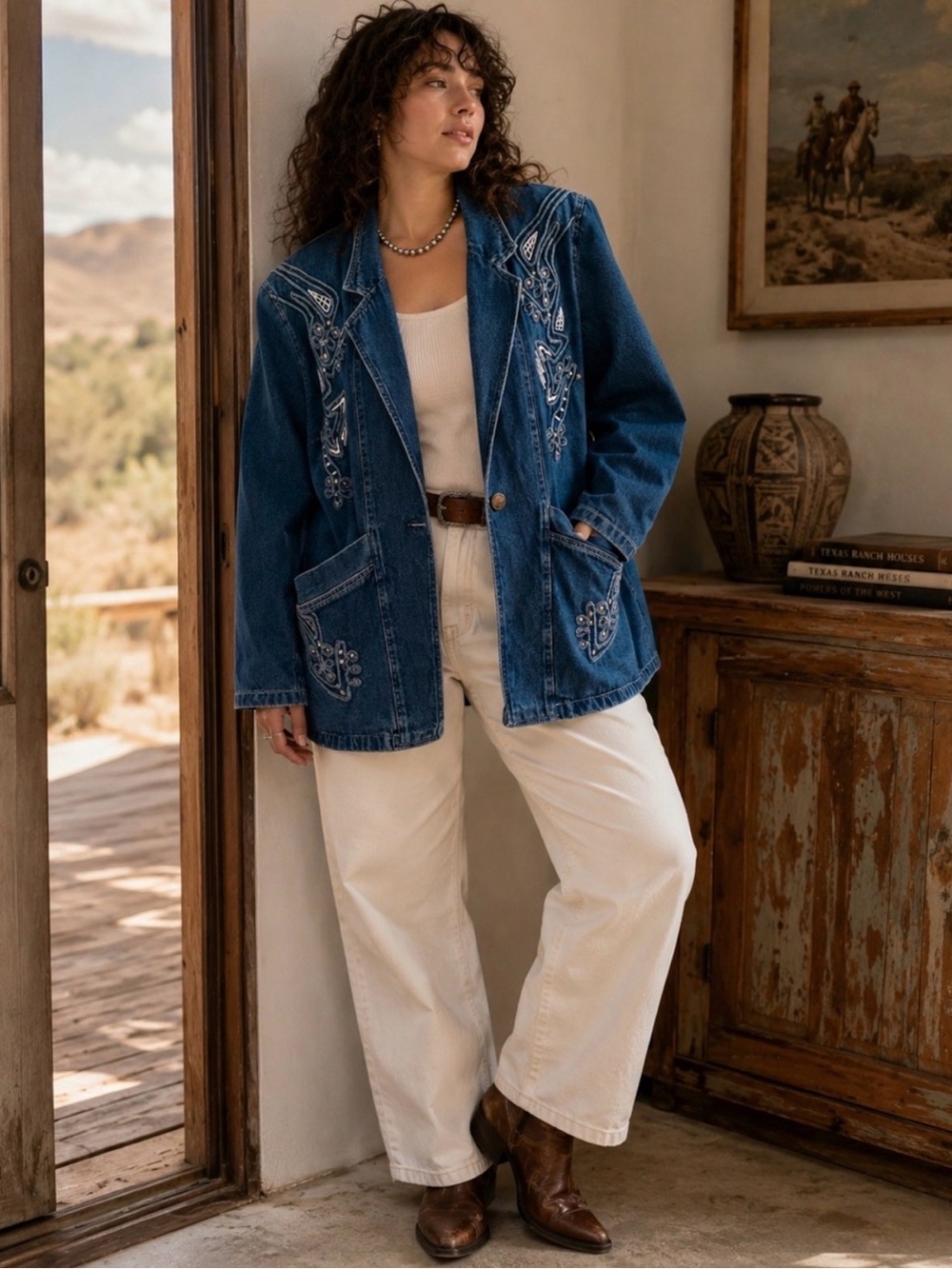 Size XL Vintage Embroidered Western Denim Jacket (Cotton)